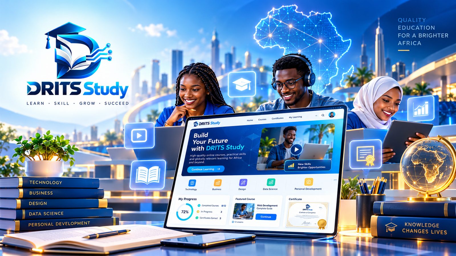 The Study Drits dashboard, showing course progress, a featured course and an earned certificate