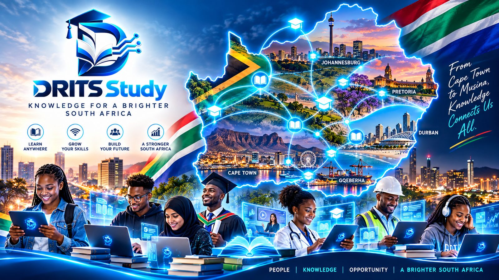Study Drits learners across South Africa — Cape Town, Johannesburg, Pretoria, Durban and Gqeberha, connected by one learning platform
